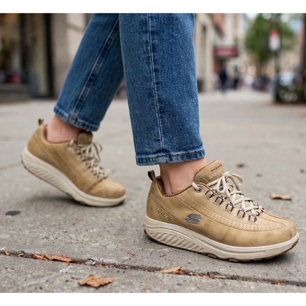 Skechers Womens Size 8 Shape Ups Tan Leather Toning Sneakers Rocker Sole